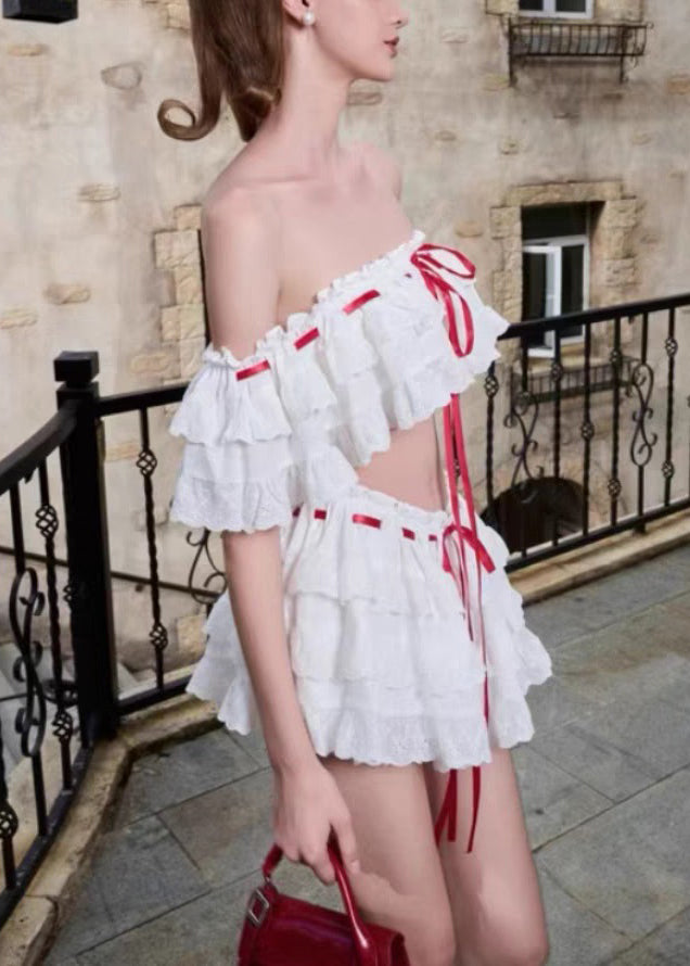 Ensemble deux pièces en coton bohème à volants et dentelle blanche pour l'été