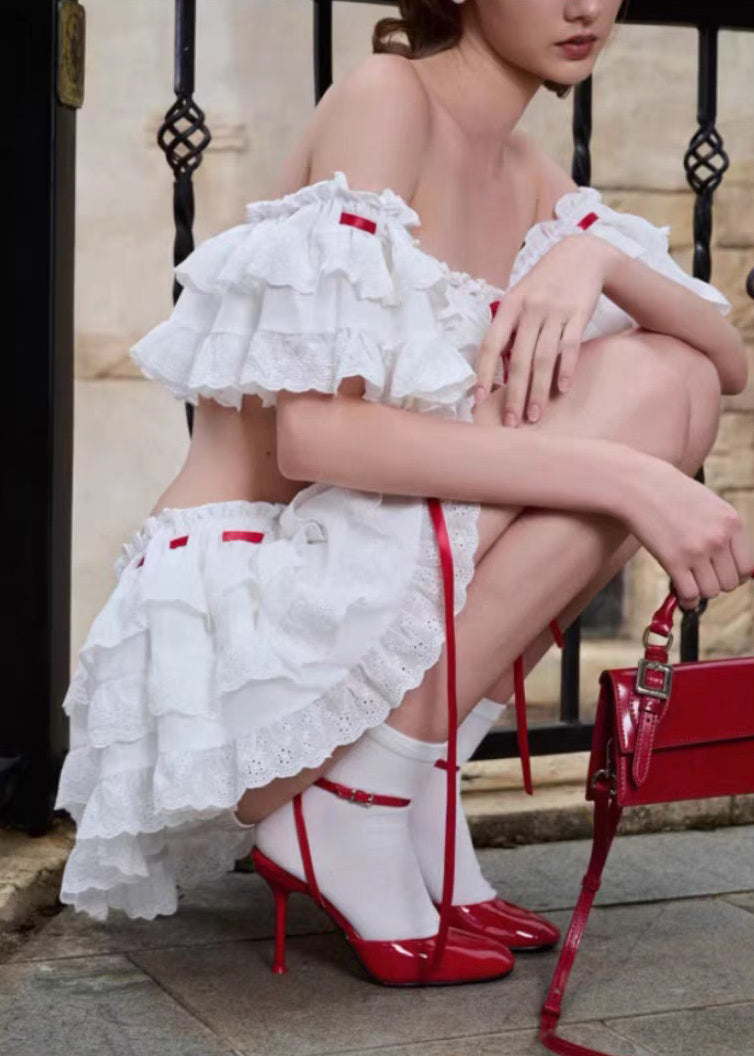 Ensemble deux pièces en coton bohème à volants et dentelle blanche pour l'été