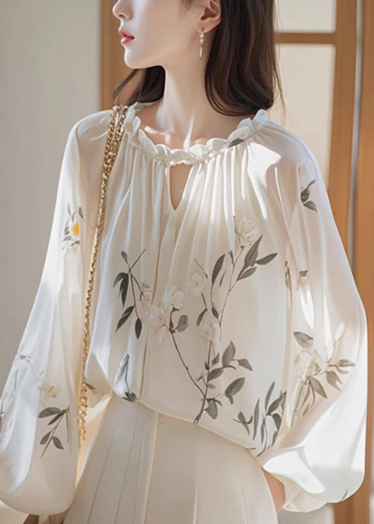 Bohemian White Ruffled Print Chiffon Shirt Fall QI008