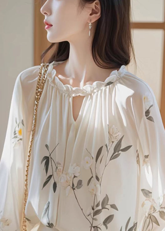 Bohemian White Ruffled Print Chiffon Shirt Fall QI008