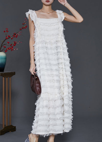 Robe d'été bohème blanche en coton à pompons sans manches SD1011