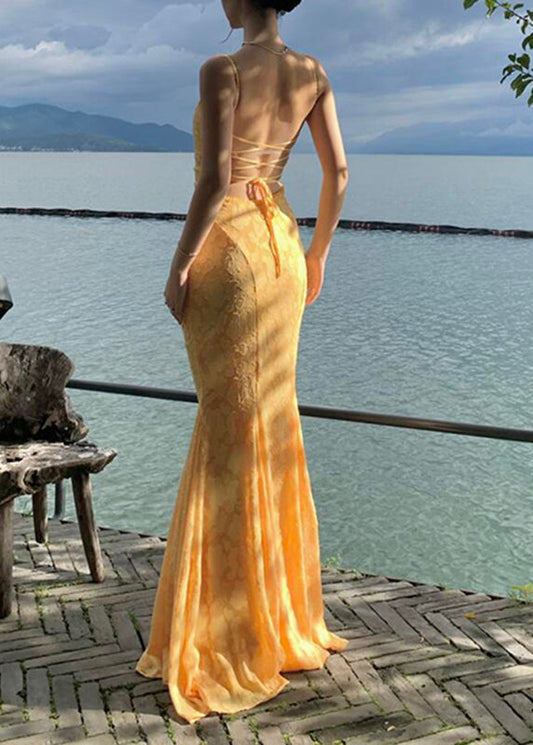 Strap Spaghetti Rückenfreies Gelb Fishtail Kleid Spitze Bohemian Maxi