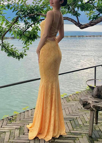 Strap Spaghetti Rückenfreies Gelb Fishtail Kleid Spitze Bohemian Maxi