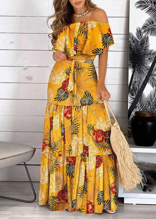 Print Shoulder Yellow Cold Bohemian Wrinkled Dress Short Maxi