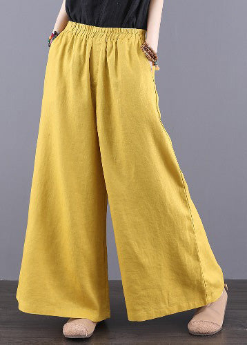 Pantalon taille élastique poches bohème lin jaune été
