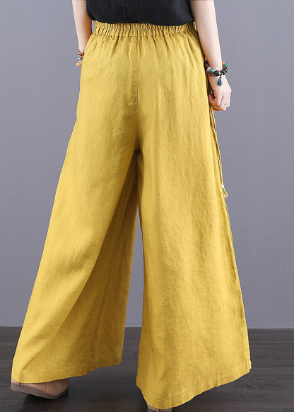 Pantalon taille élastique poches bohème lin jaune été