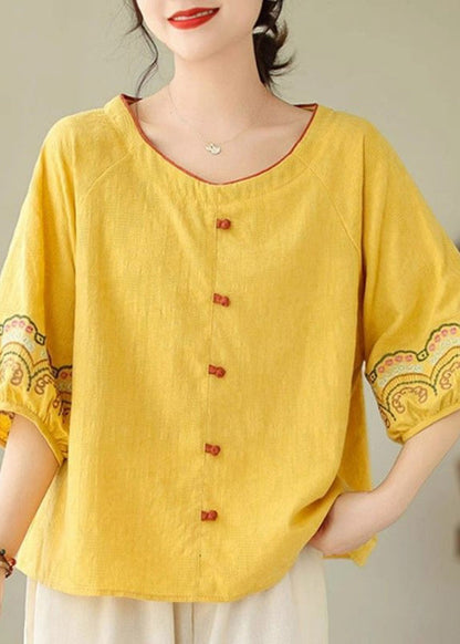 Bohemian Half Sleeve Shirt Embroidered Yellow