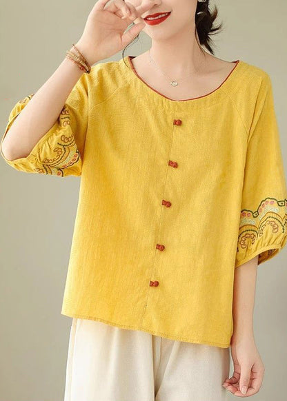 Bohemian Half Sleeve Shirt Embroidered Yellow