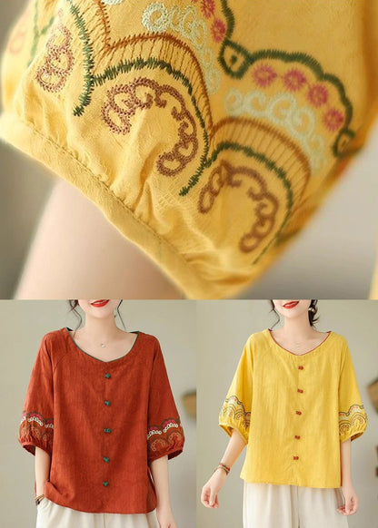 Bohemian Half Sleeve Shirt Embroidered Yellow