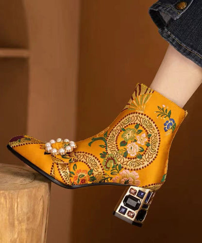 Bottes à talons épais en zircon jaune avec broderies à ongles bohèmes CZ1012