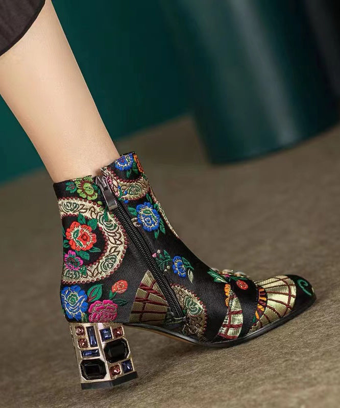 Bohemian Yellow Embroidery Nail Bead Zircon Chunky Heel Boots CZ1012