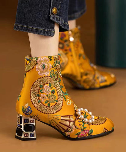 Bottes à talons épais en zircon jaune avec broderies à ongles bohèmes CZ1012