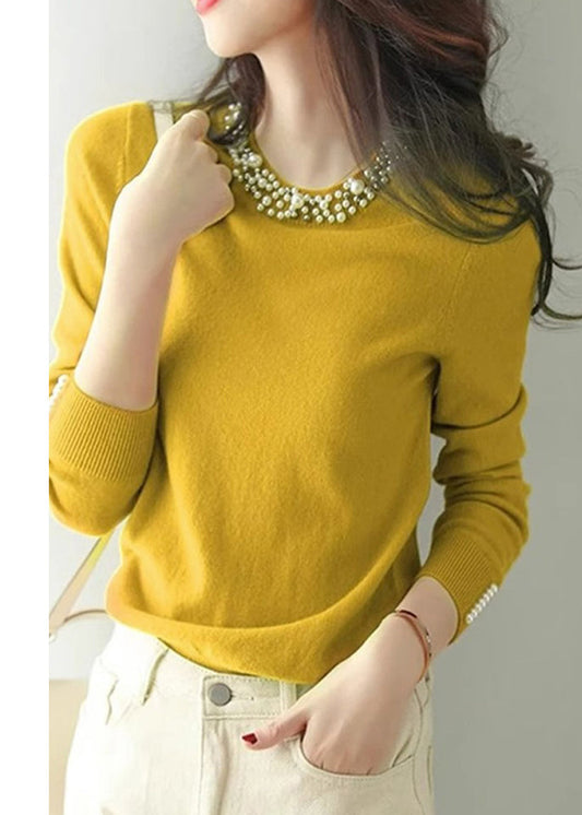 Chemise bohème en tricot jaune à perles pour ongles, printemps TN012