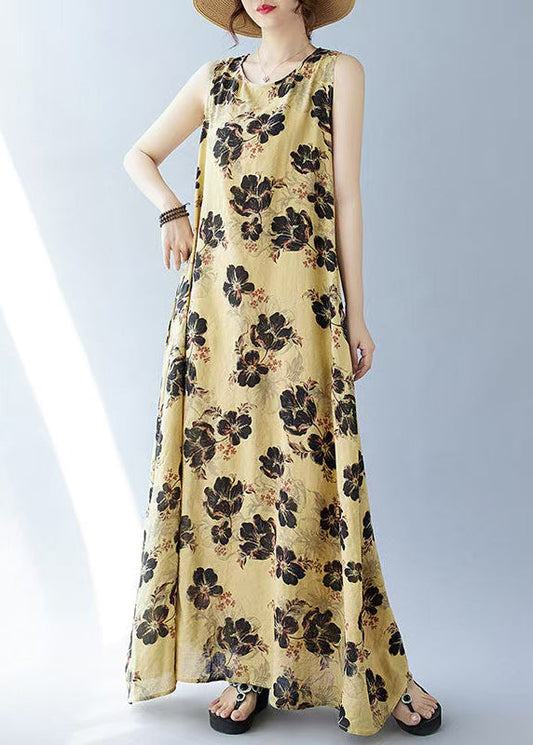 Bohemian Cotton Yellow Oversized Ärmellose Printkleider
