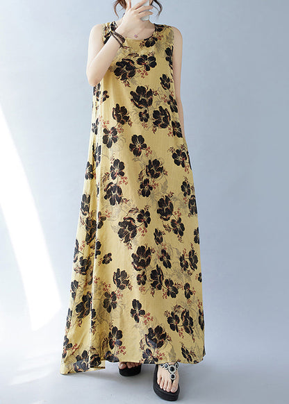 Bohemian Cotton Yellow Oversized Ärmellose Printkleider