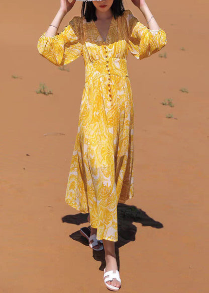 Lange Herbst Gelb Chiffon Kleider Bohemian Neck Print V