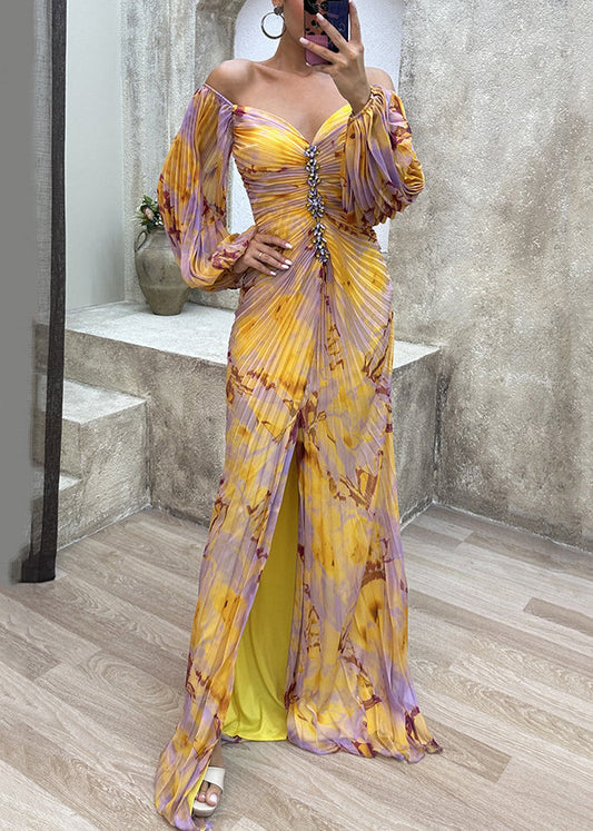 Falten-Frühlings-Bohemian-Kleid mit seitlich offenem Knöchel in Gelb