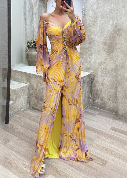 Falten-Frühlings-Bohemian-Kleid mit seitlich offenem Knöchel in Gelb