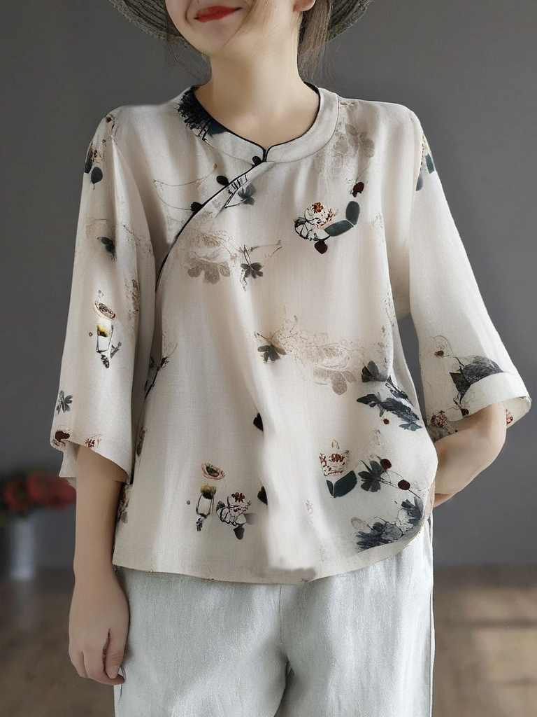 Grace Beige Stand Collar Print Linen Tops Summer QR022