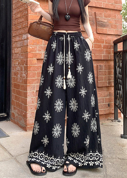 Waist Pants Cotton Boho Leg Wide Apricot Print Summer Elastic
