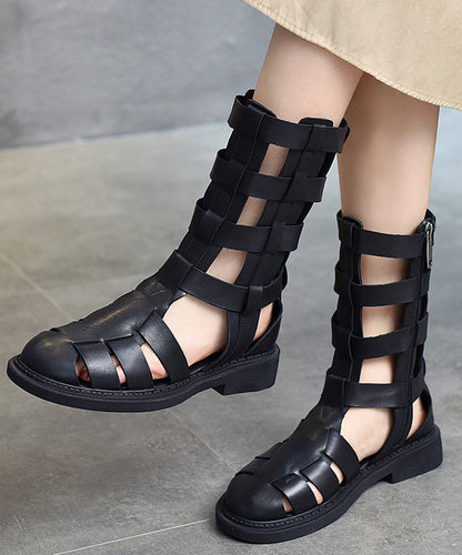 Bottes Boho noires en cuir de vachette épais et ajourées SL1023