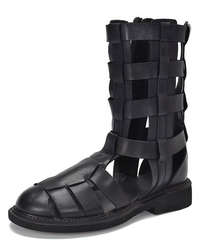 Boho Schwarze klobige Stiefel aus Rindsleder mit Hohlsaum SL1023