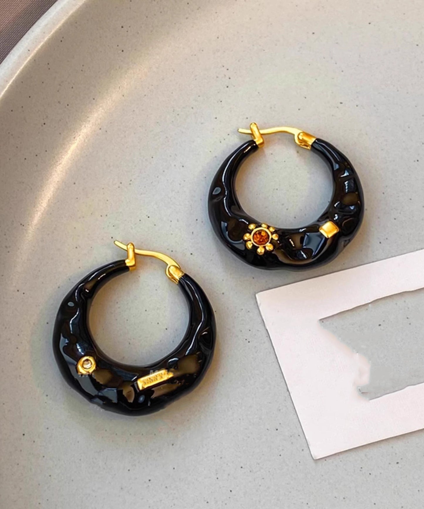 Boho Black Copper Alloy Enamel Drop Glaze C Shaped Hoop Earrings RA019