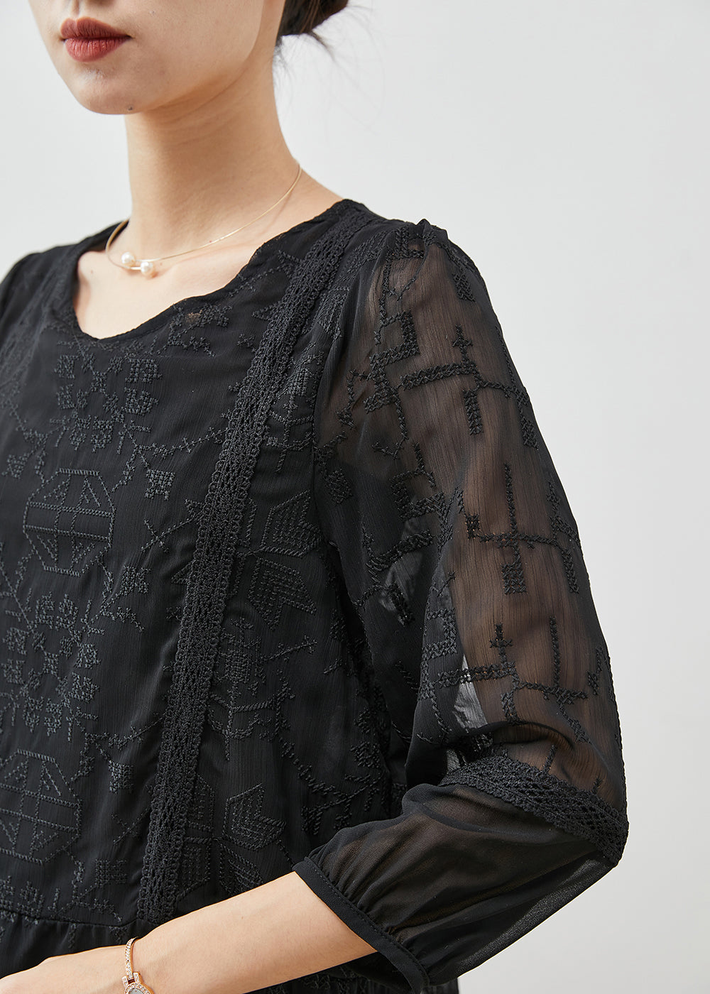 Boho Black Embroidered Tulle Blouse Top Bracelet Sleeve YU1058