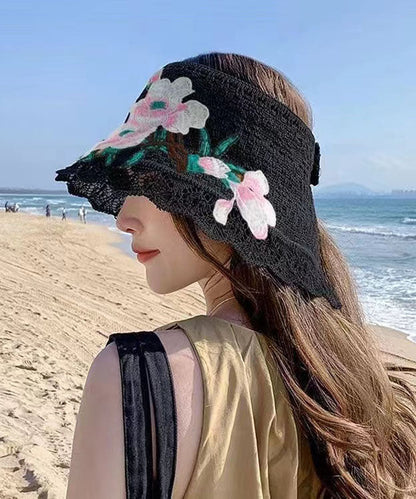 Chapeau de soleil de plage ajouré avec broderie noire Boho YU1002