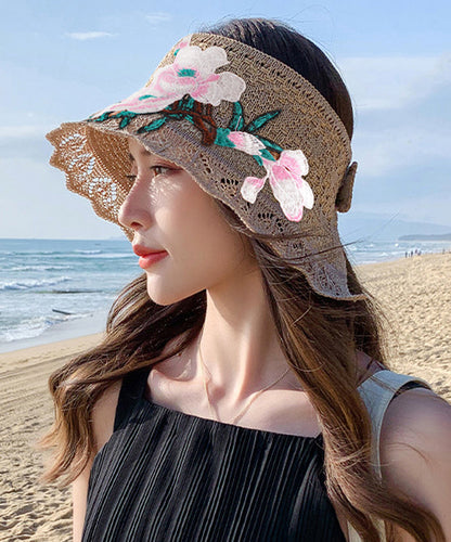 Chapeau de soleil de plage ajouré avec broderie noire Boho YU1002