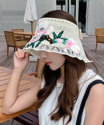 Chapeau de soleil de plage ajouré avec broderie noire Boho YU1002