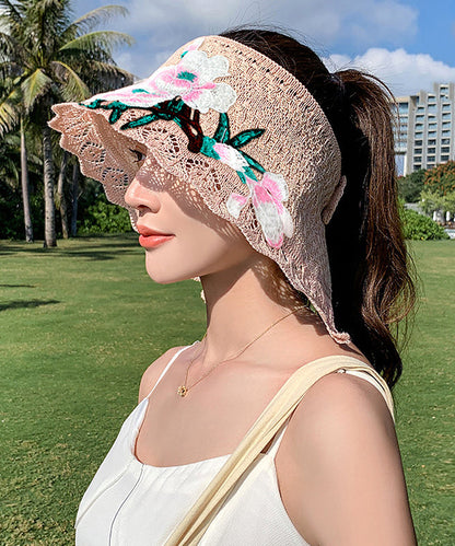 Chapeau de soleil de plage ajouré avec broderie noire Boho YU1002