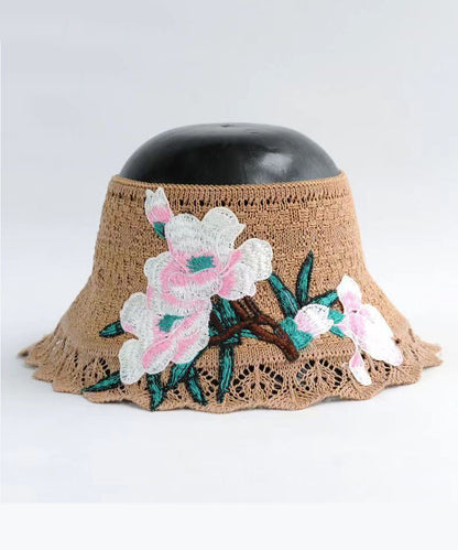 Chapeau de soleil de plage ajouré avec broderie noire Boho YU1002