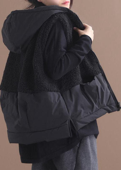 Gilet d'hiver patchwork à capuche et poches zippées style bohème noir QS055