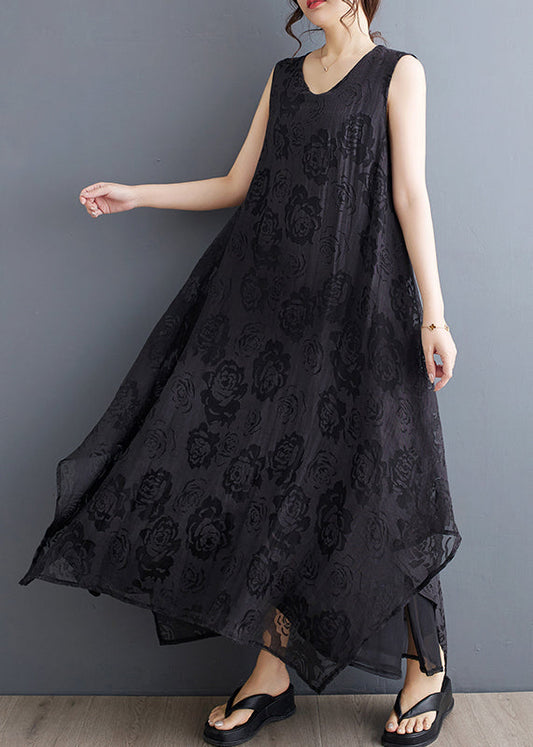 Boho Black O-Neck Asymmetrical Hollow Out Floral Holiday Lace Maxi Dress Summer UU027