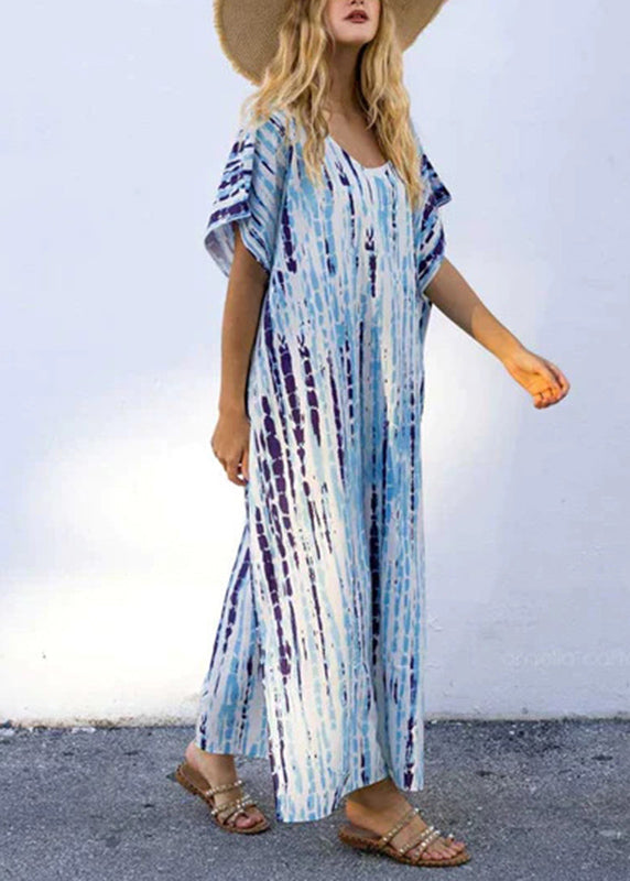 Boho Schwarzes Maxikleid mit Rundhalsausschnitt, Streifen und seitlicher Öffnung, kurze Ärmel, VB1035