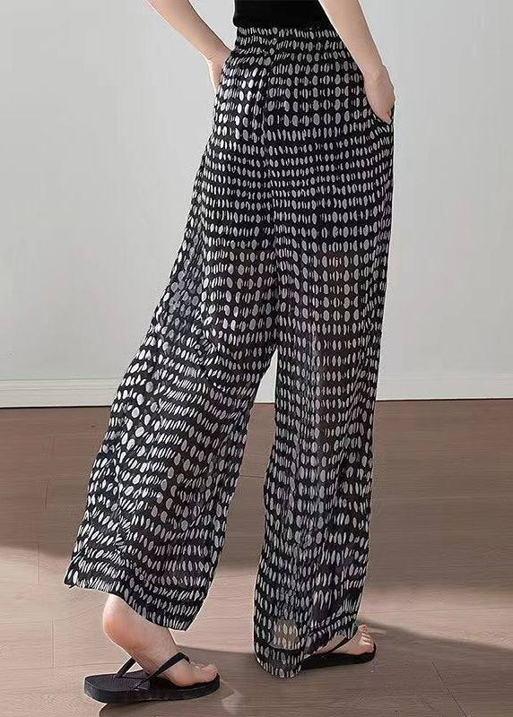 Boho Black Pockets Print Elastic Waist Chiffon Pants Summer QQ1060