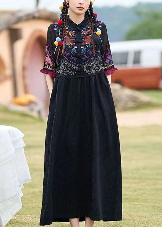 Boho Black Stand Collar Embroidered Cotton Two Pieces Set Summer WW1007