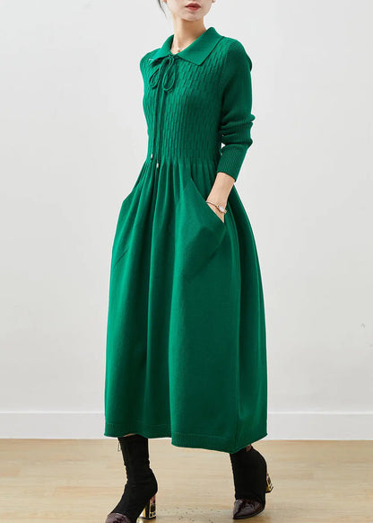 Boho Blackish Green Lace Up Pockets Knit A Line Dresses Spring Ada Fashion