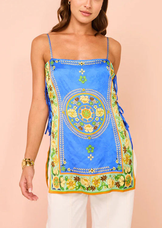 Boho Blue Lace Up Print Silk Spaghetti Strap Tank Sleeveless FF081