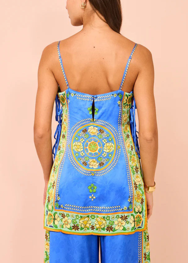 Boho Blaues Spaghettiträger-Tanktop aus Seide mit Schnürung und Print, ärmellos FF081