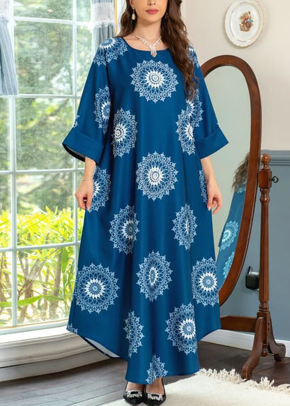 Robe longue en coton imprimé bleu bohème à col rond pour l'été AA1050