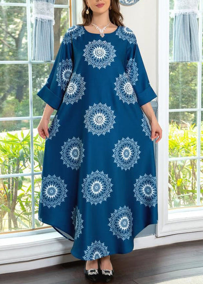 Robe longue en coton imprimé bleu bohème à col rond pour l'été AA1050