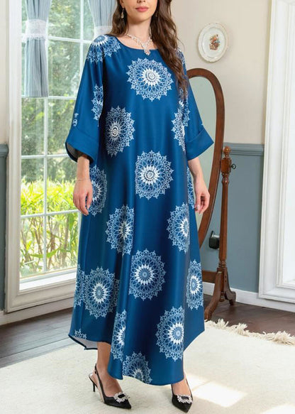 Robe longue en coton imprimé bleu bohème à col rond pour l'été AA1050