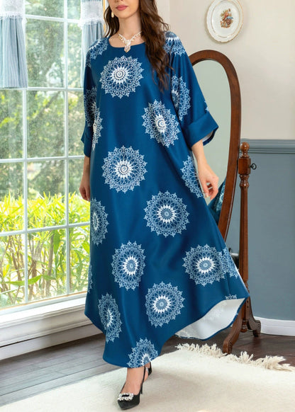 Robe longue en coton imprimé bleu bohème à col rond pour l'été AA1050