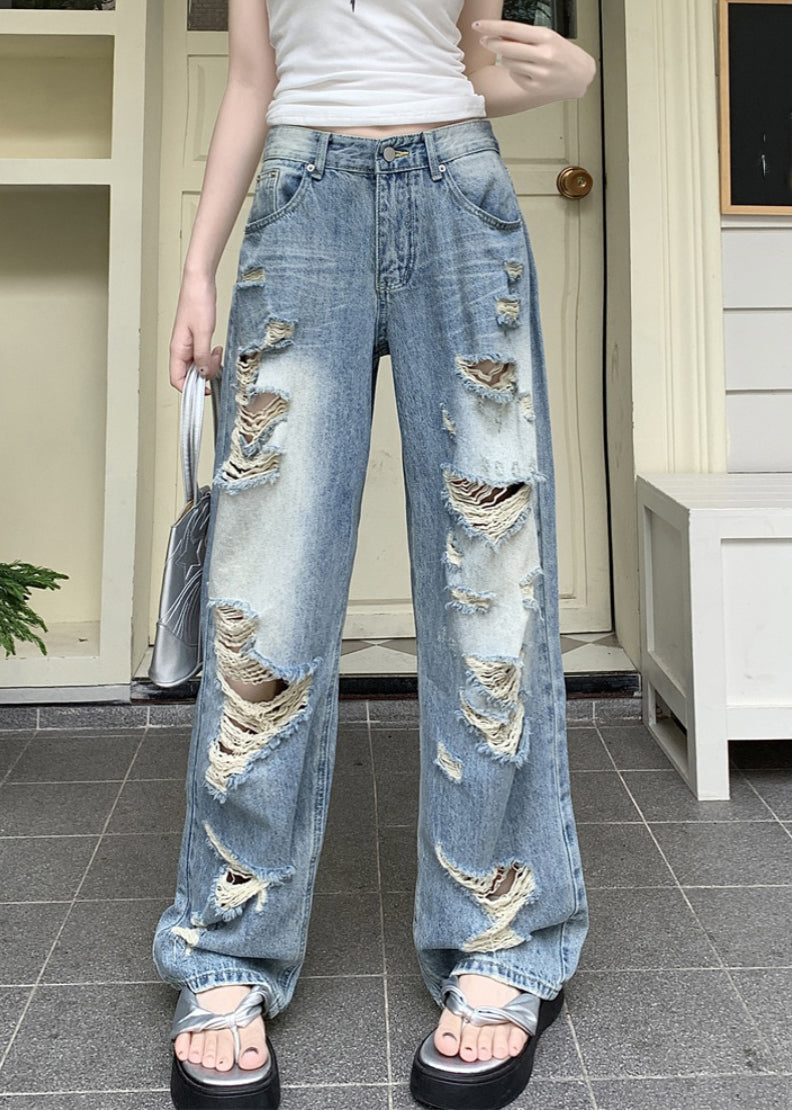 Boho Blue Pockets Patchwork Hole Denim Pants Fall QB039