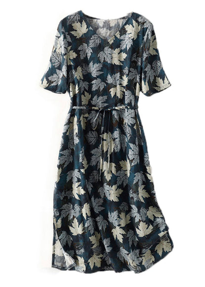 Robe d'été en coton bleu bohème à col en V et imprimé nouée à la taille AM1043