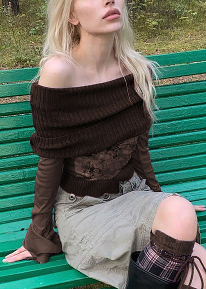 Shirts Patchwork T Sleeve Print Boho Knit Brown Flare