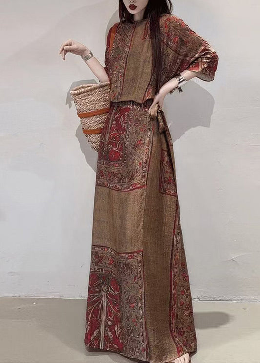 Boho Coffee Holiday Dress Cinched Print Linen Summer