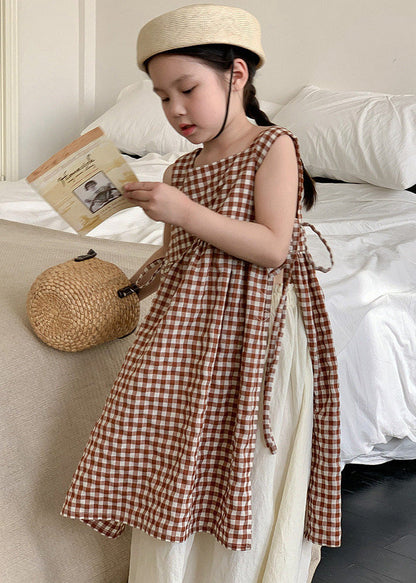 Robe longue d'été en coton pour enfants et filles, style bohème, à carreaux, col carré, ouverture latérale, taille nouée, GF002